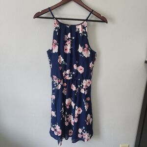 Francesca's Blue Rain Navy Blue And Pink Floral Lined Mini Dress Size Medium